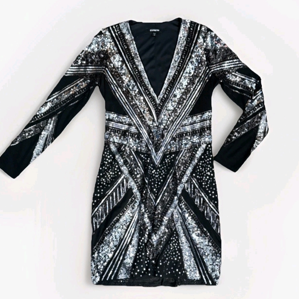 Express Sequin V Neck Long Sleeve Mini Dress Black Silver Large NWT Stretch